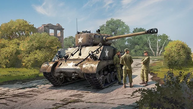 War Thunder ground vehicles on a rural road near ruined buildings